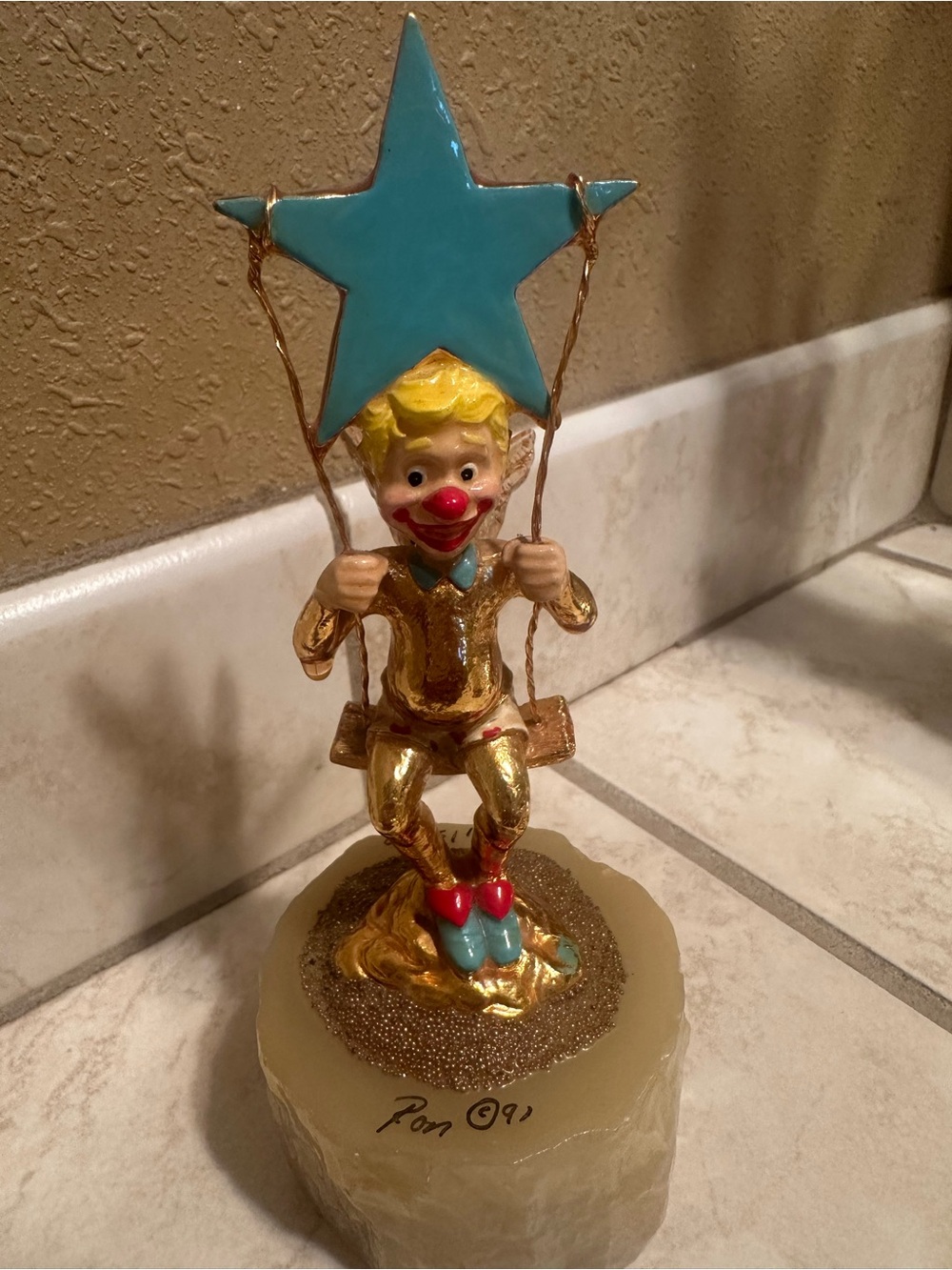 Ron Lee 1991 star on a swing  angel wings clown on granite marble base. Collect
